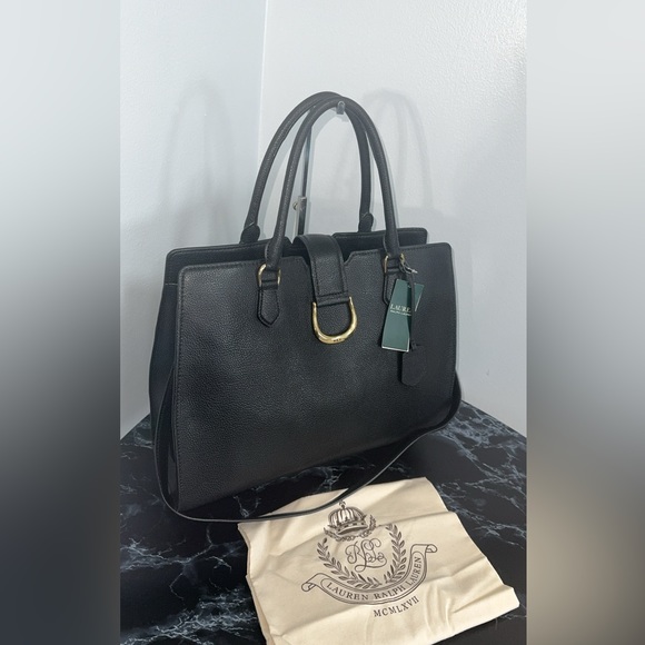 LAUREN RALPH LAUREN Large Bag Leather Black Carryover Laptop Satchel AUTHENTIC - Picture 2 of 16